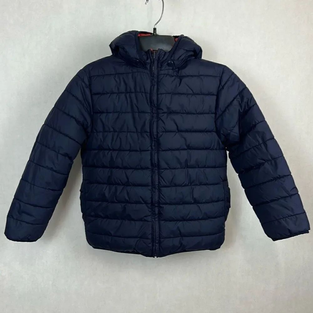 Gymboree Reversible Puffer Jacket Coat Red Blue Sz Medium 7-8 Hood Zip Front - Picture 2 of 10